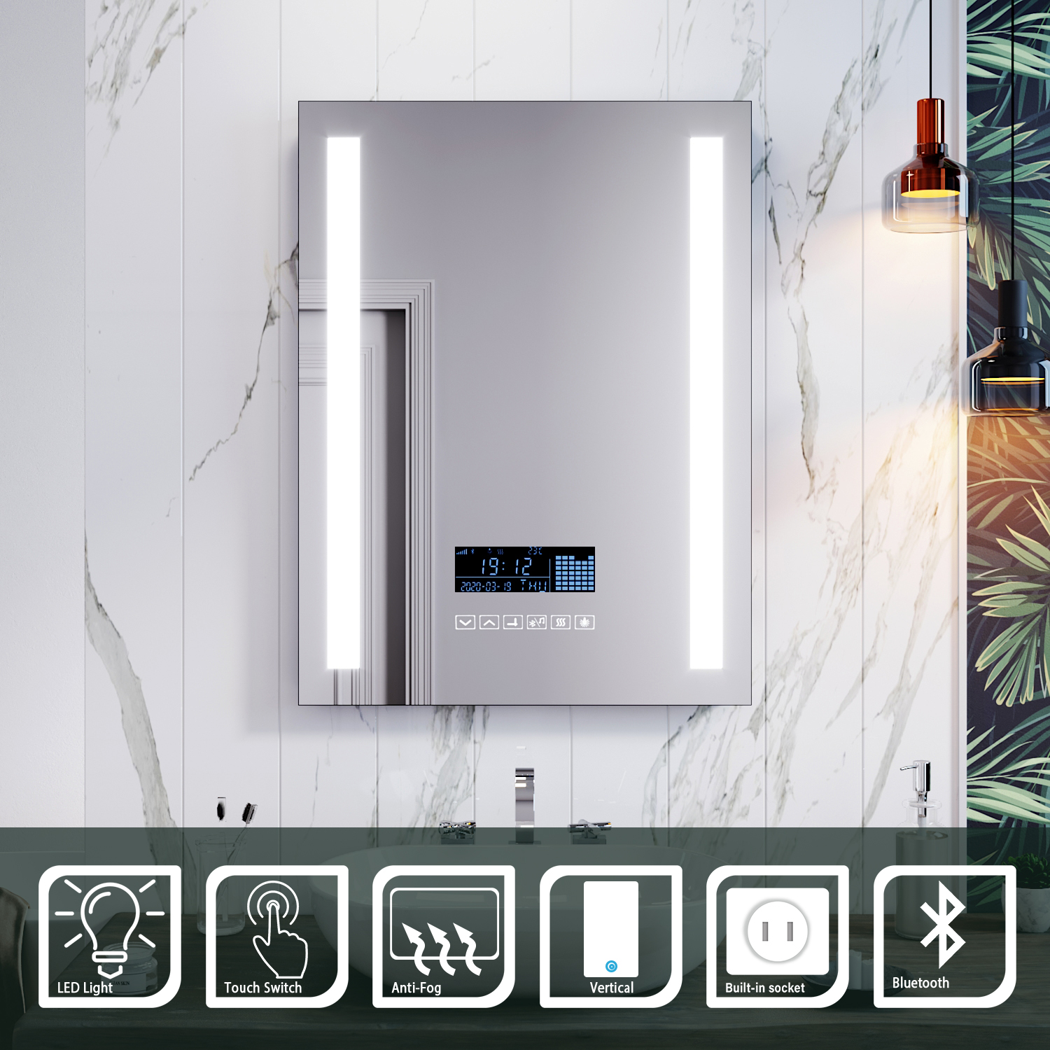 LED Bathroom Mirror Bluetooth Shaver Socket Illuminated Demister Clock